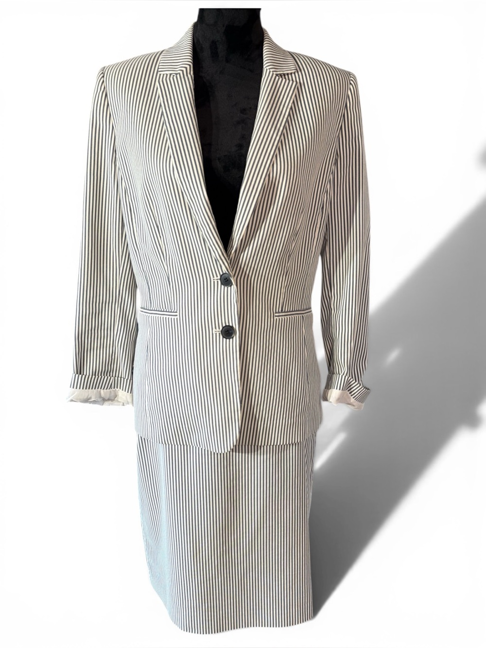 Alex Marie White Skirt & Jacket with light blue/gray Stripes Size 10